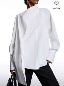 2026 Nueva camisa de manga larga de unicolor de estilo callejero minimalista para mujer, primavera/verano, negro - Blanco - Ver 1