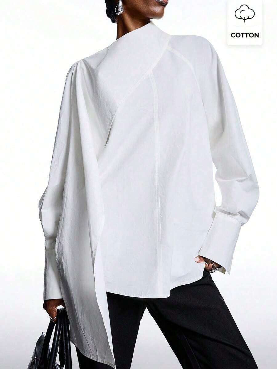 2026 Nueva camisa de manga larga de unicolor de estilo callejero minimalista para mujer, primavera/verano, negro - Blanco - Ver 1