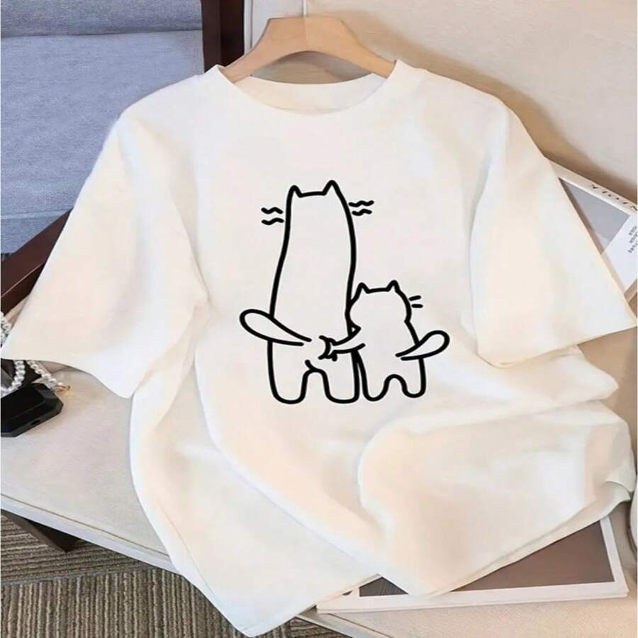 Women's White Cotton Short Sleeve Round Neck T-Shirt with Cute Cat Print Casual Style - Blanco - Ver 1