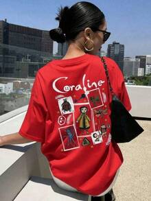 New 2026 Mujer camiseta casual estampado creativo holgada cuello redondo manga corta primavera verano uso diario - Rojo - Ver 1