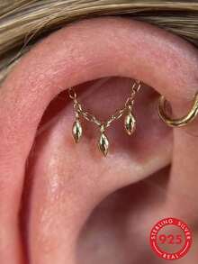 Khuyên tai bạc S925 dạng thả dọc, khuyên tai đáy phẳng có ren, khuyên tai ẩn cho sụn tai/vành tai/tai ngoài/vành tai trong/thùy tai. - Vàng - Xem 12