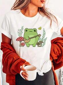 Camiseta Casual de Primavera/Verano para Mujer Bohemio, con Estampado de Rana, Cuello Redondo, Camiseta de Algodón - Blanco - Ver 8