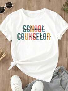 Camiseta Casual de Cuello Redondo para Regreso a Clases con Estampado Colorido de Asesor Escolar, Ropa Casual para el Trabajo y el Uso Diario, Imprescindible - Blanco - Ver 3