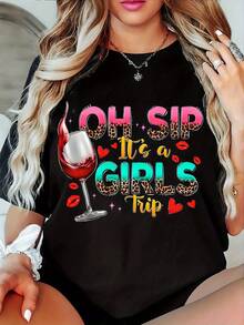 Camiseta casual estampada de talla grande para mujer, cuello redondo, mangas cortas, tela ligeramente elástica, estilo regular, top cómodo para todas las estaciones, ropa de mujer--Ligera y transpirable. - Negro - Ver 7