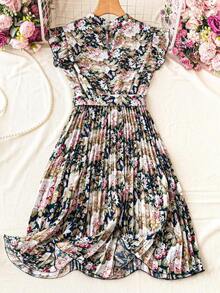 Vestido de verano para mujer de unicolor con mangas cortas, cuello alto, cintura plisada, para vacaciones y playa - Multicolor - Ver 2