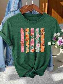 Elegante Camiseta de Fiesta para Mujer con Estampado Floral Colorido, Cuello Redondo y Manga Corta| Elegante y fotogénico, perfecto para primavera/verano/otoño. - Verde Oscuro - Ver 6