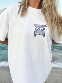 ropa de mujer Camiseta 100% Algodón con Estampado de Doble Cara - Camiseta Casual para Mujer |       Tabla de surf con pingüino de dibujos animados y estampado de coche, viaje por carretera en la  Dorada, Australia |       Cuello Redondo, Manga Corta, Corte Regular - Tops de Verano - Nuevos Conjuntos de Verano 2026 para Mujer - Conjuntos de Vacaciones para Mujer 2026 - Camiseta Casual - camisas de mujer - Blanco - Ver 2