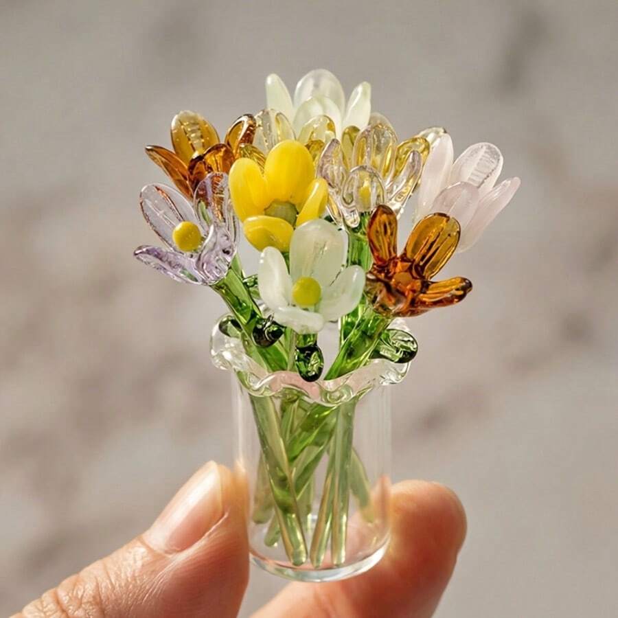 Bộ 2/5 bó hoa thủy tinh mini, hoa thủy tinh thổi thủ công nhiều màu sắc kèm bình, cành hoa cúc giả, dùng để trang trí bình hoa mini, quà tặng Ngày của Cha, quà sinh nhật, đồ thủ công tự làm, vật trang trí trung tâm bàn ăn gia đình. - Nhiều màu - Xem 1
