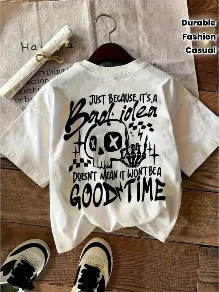 Camiseta unisex casual de manga corta con estampado de calaveras y huesos de estilo vanguardista - 100% algodón, corte holgado, cuello redondo, adecuada tanto para hombres como para mujeres, lavable a máquina para comodidad durante todo el año, estilo urbano, moda callejera, diseño duradero, prenda personalizada, exclusiva para entusiastas del streetwear. - Blanco - Ver 1