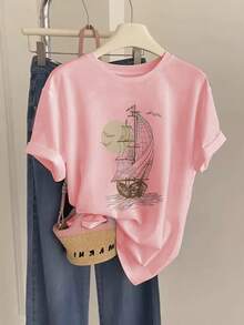 Women's Casual Short Sleeve T-Shirt - Nautical Boat And Bird Print, Breathable Summer Top, Machine Washable, Relaxed White Shirt For Spring/Summer, Comfortable Clothing - 羅莎 - 查看 6