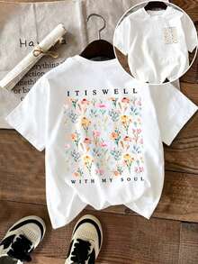 Camiseta Estampada: Camiseta Casual de Manga Corta y Cuello Redondo para Mujer, para Primavera/Verano - Con Estampado Floral, Ideal para Uso Diario. - Blanco - Ver 2