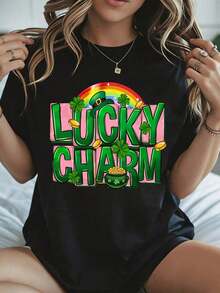 Elegante y casual para mujer, manga corta, camiseta negra con estampado de trébol arcoíris y olla de oro para el Día de San Patricio, ropa casual para mujer, primavera verano. - Negro - Ver 1