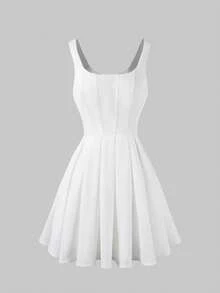Floreya Spring/Summer Lightweight French Elegant Waist-Defining Slimming Square Neck Cami Mini Dress For Dates And Parties, White Dress, Summer Dress, Party Dress, Summer Holiday Outfits, Vacation Outfits For Women - Black and White - View 6