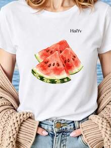 Oferta por tiempo limitado, cantidad limitada disponible,  relámpago, camisas de mujer, camisetas de mujerPlayera Casual Negra de Mujer con Estampado Frutal de Sandía en Acuarela, Camiseta Manga Corta Cuello Redondo,  Moda Verano 2026, Ropa Comoda para Salidas y Uso Diario - Blanco - Ver 2