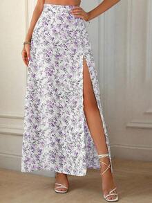 Falda con abertura lateral y estampado floral diminuto para otoño - Púrpura malva - Ver 3