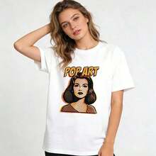Camiseta de algodón de manga corta con estampado gráfico de arte pop para mujer, top casual y lindo con cuello redondo. - Blanco - Ver 1