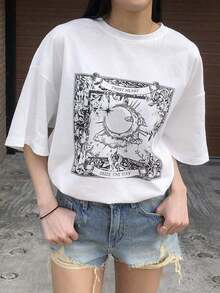 Women's Summer Round Neck Printed Loose Casual Short Sleeve Street T-Shirt-Vintage Street Style Unisex Loose Cotton Short Sleeve Crew Neck T-Shirtblusas para mujer. blusas.blusas casuales para dama. - Blanco - Ver 3