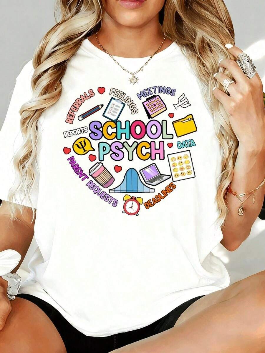Camiseta de Psicólogo Escolar para Profesionales de la Psicología Escolar con Diseño Colorido que Incluye Referencias, Sentimientos, Reuniones, Informes, Solicitudes de Padres, Fechas Límite de Datos e Iconos Educativos. 180 gramos. Para el Hogar, Aire Libre, Regalo para el Día de San Valentín o Fiestas. - Blanco - Ver 1