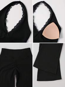 NcmRyu Women's One Set Solid Color Lace Trim V-Neck Halter Backless Vest & Ruched Flare Pants Sports Suit - Black - View 5