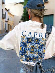 Women's Loose-Fitting T-Shirt With A Round Neck And Exquisite Print. Soft And Breathable Fabric, Comfortable To Wear, And Short Sleeves. Casual And Relaxed Fit, Versatile Style. Made From High-Quality 100% Pure Cotton (200 G). - 白色 - 查看 6