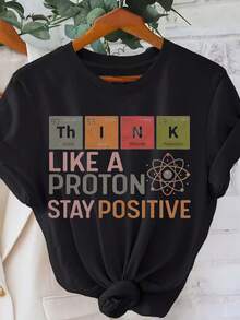 Camiseta con estampado gráfico de núcleo atómico "Stay Positive", manga corta y cuello redondo, top casual para verano y primavera, ropa de mujer - Negro - Ver 6