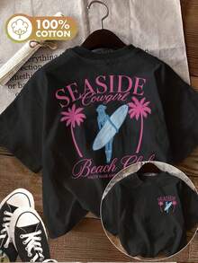 | Exquisite Design | Loose And Comfortable | Easy To Match | [Double-Sided Print] Women's Summer T-Shirt, Vintage Casual Style, Beach Print With Palm Trees And Surfboards, Round Neck, Short Sleeve, Pure Cotton [Ling] - 黑色 - 查看 8
