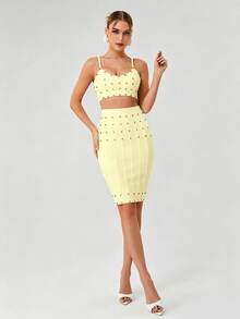 Bernatova Women's Spaghetti Strap Two Pieces Rivet Tie-Up Dress, Sexy Fashion Elegant Bodycon Party Club Dress Wedding Yellow - Yellow - View 3