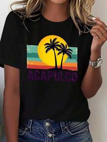 Women's Lightweight Graphic Print T-Shirts, Vintage 60s Style, Mexican Beach Design - 100% Vintage Print Of Palm Trees And Acapulco Sunset, Combined With Turquoise And Orange Stripes - Casual Vacation T-Shirt, Suitable For Daily Wear And Theme Parties - Machine Washable, Soft And Breathable Fabric - Loose Geometric Pattern, Suitable For All Seasons - White Background With Vintage Acapulco Lettering - Nostalgic 60s Inspired Design, 100% Cotton, A Popular Choice. - 黑色 - 查看 7