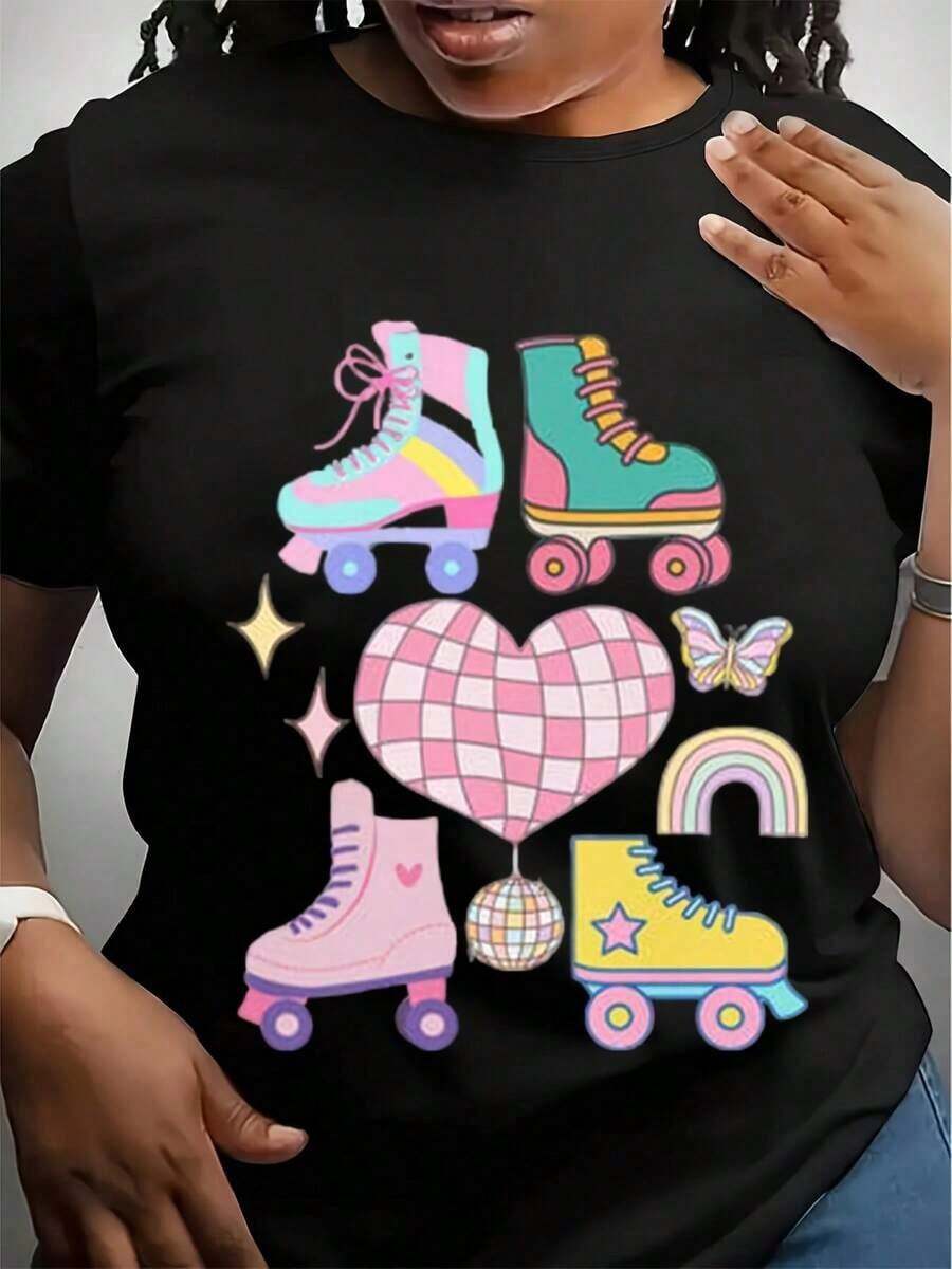 Camiseta Retro de Patines, Camiseta Colorida de Patinaje, Estilo Vintage de los 70 y 80, Camiseta Gráfica de Patinaje y Discoteca, Top de Estética Pastel, Regalo para Patinadores - Negro - Ver 1
