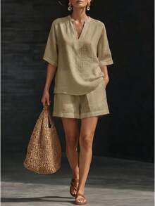 Women's V-Neck Short Sleeve Two-Piece Linen Blend Set, Rolled Sleeve Top With Elastic Waist Shorts, Relaxed Fit Silhouette, Casual Vacation Style, Ideal For Beach Days, Travel, Errands And Summer Occasions - 卡其色 - 查看 1