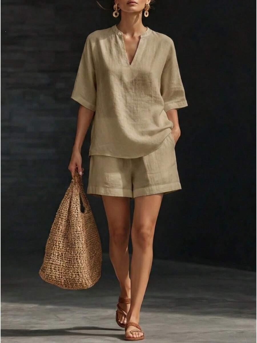 Women's V-Neck Short Sleeve Two-Piece Linen Blend Set, Rolled Sleeve Top With Elastic Waist Shorts, Relaxed Fit Silhouette, Casual Vacation Style, Ideal For Beach Days, Travel, Errands And Summer Occasions - 卡其色 - 查看 1
