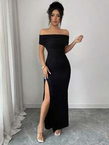 Vestido largo de mujer 3 en 1, con abertura alta en el bajo, cuello drapeado, hombro asimétrico, adecuado para festivales, vacaciones en la playa, fiestas de té, estilo minimalista, vestidos elegantes, vestido negro, bailes de graduación, atuendo - Negro - Ver 7