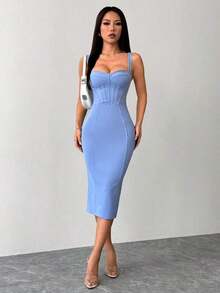 Vestido midi ajustado y entallado con parte trasera dividida, copa de busto y cadera azul - Azul - Ver 8