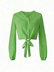 Blusa elegante y versátil con nudo delantero de unicolor, para uso casual diario, en el hogar, para ir al trabajo y en citas, primavera - Verde - Ver 5