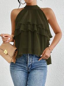 Blusa de gasa con volantes asimétricos y cuello suelto - Verde militar - Ver 3