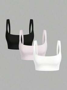 3 piezas Camiseta de tirantes de unicolor y corta para mujeres - Multicolor 7 - Ver 11