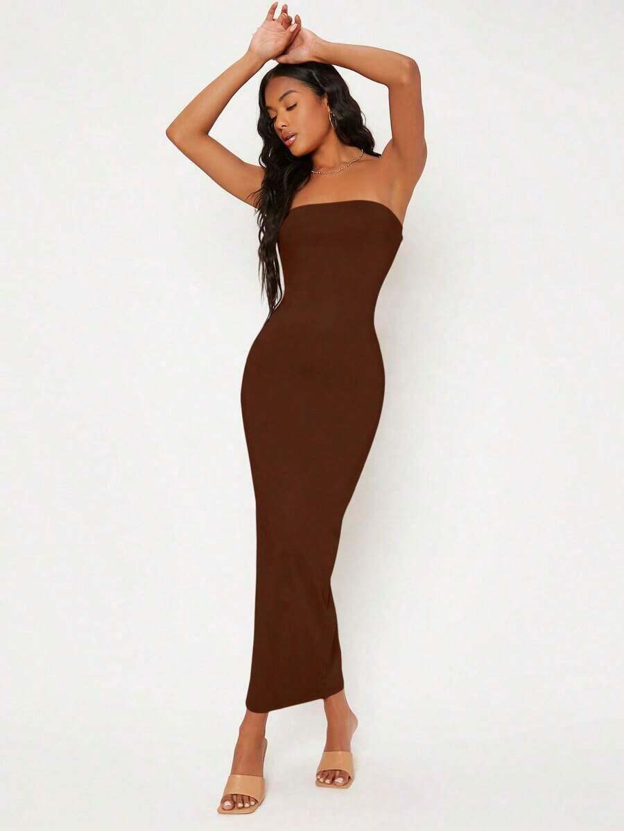 Vestido Sólido Estilo Tubo Para Cena O Citas Casuales - Marrón Chocolate - Ver 1