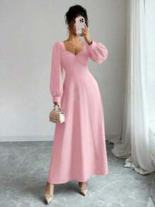 YHHElenzga Vestido maxi elegante de mujer con cuello cuadrado, mangas abultadas y cintura, adecuado para el uso diarioYHH - Rosa - Ver 3