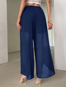 Pantalón de gasa de cintura alta con vuelo y bajo en forma de V transparente, elegante para usar en la oficina - Azul marino - Ver 2