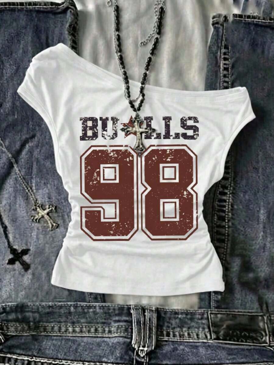 Blusa asimétrica de hombro fruncida con lunares para mujer, blanca - Multicolor - Ver 1