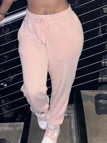Pantalones deportivos jogger de mujer con unicolor, cintura con cordón y bolsillos - Rosa Pálido - Ver 4