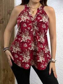 Blusa de hombros descubiertos elegante con estampado floral all-over para tallas grandes en verano - Rojo 2 - Ver 3