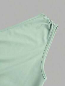 Vestido largo de tipo cola de pez minimalista con hombro asimétrico en color liso, arrugado, para uso diario casual - verde menta - Ver 3
