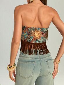 Parte superior con tubo de color negro sólido con lazo en la cintura y dobladillo con flecos, uso diario casual para mujer - Multicolor - Ver 2