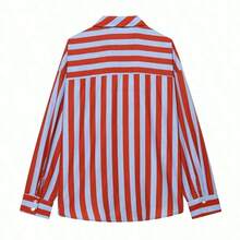 Blusa elegante de mujer con corbata de moño a rayas de contraste, nueva camisa casual de primavera/verano de moda para vacaciones en rojo - Rojo - Ver 6