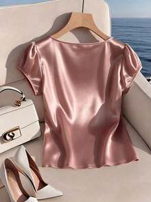 Blusa casual elegante de satén con cuello cuadrado francés, mangas de pétalos y pliegues, adecuada para ir al trabajo, uso diario, reuniones y fiestas, primavera/verano - Rosa vieja - Ver 2