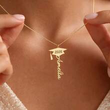 Customized Stainless Steel Graduation Cap Necklace With 18K Gold Plating, Personalized Name Pendant, Graduation Gift, Anniversary, Party, Valentine's Day, Elegant Jewelry For Him And Her, Minimalist Design, Casual Decoration, Fashion Accessory, Modern Personalized, Unique Spring/Summer New Necklace - Multicolor - View 8