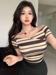 Camiseta de mujer de manga raglán con cuello de corazón de unicolor para salir - Marrón - Ver 5