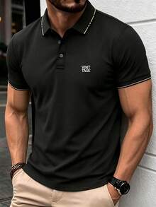 男士夏季對比飾邊 Polo 衫 | 純色短袖上衣，字母印花，適合海灘、戶外、高爾夫與休閒街頭運動穿搭 - 黑色 - 查看 1