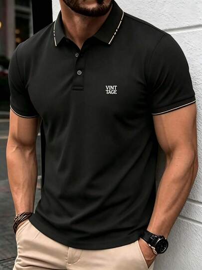 Men's Summer Lightweight Polo Shirt, Solid Color Short Sleeve With Contrast Trim & Letter Print, Ideal For Outdoor, Golf, Hiking & Casual Street Wear